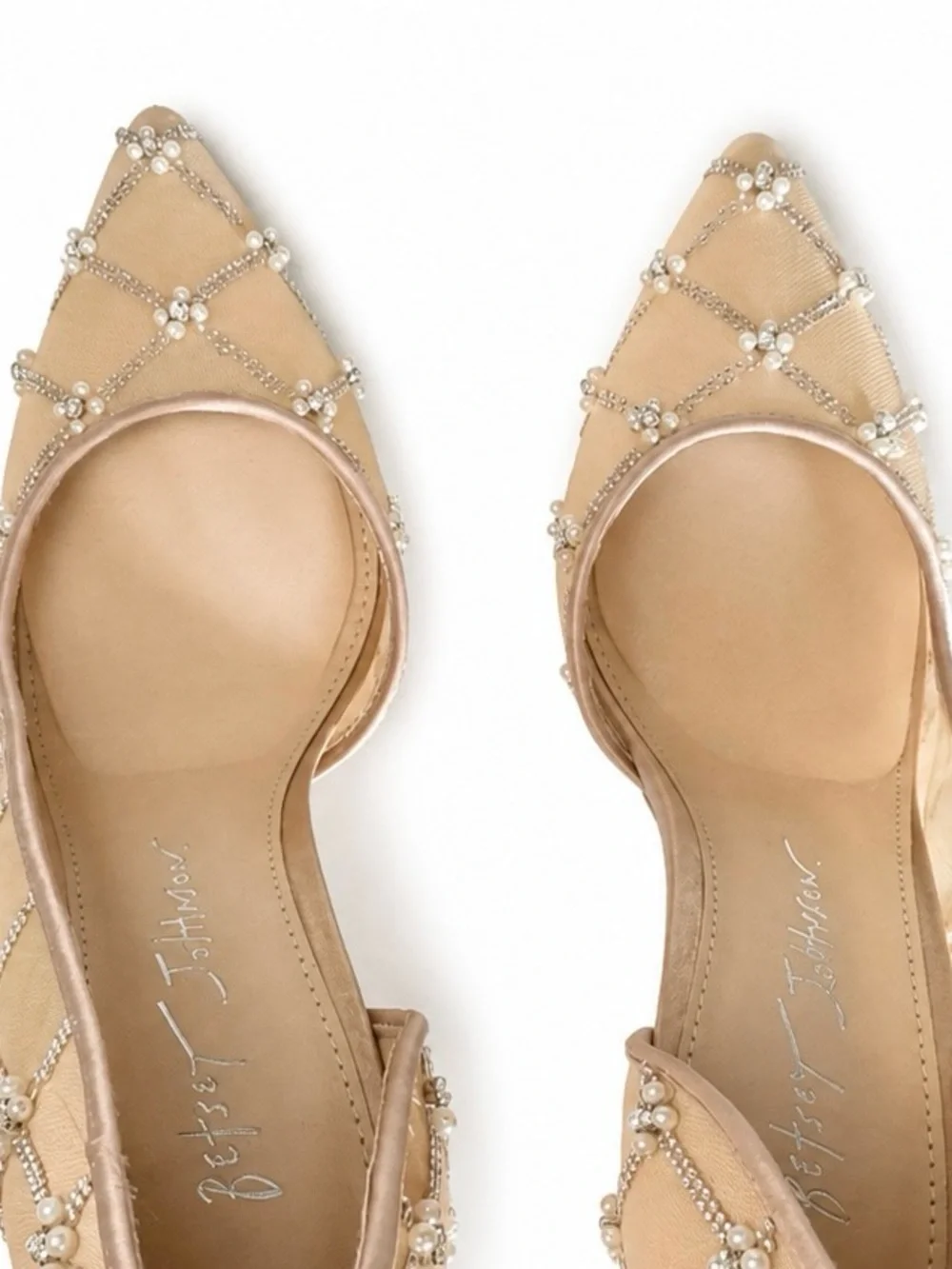 Betsey Johnson Cruze Rhinestone Pearl Mesh Pumps Nude Heels Size 6.5 W/Box